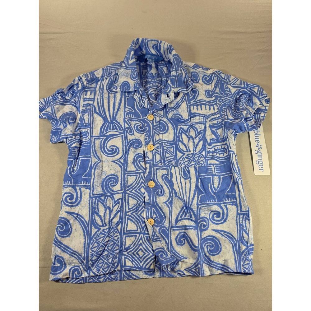 Blue Ginger Tiki Patch Surf Shirt Kids Size 3 Blue White Hawaiian Aloha HK200